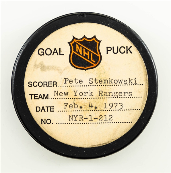 Pete Stemkowskis New York Rangers February 4th 1973 Goal Puck from the NHL Goal Puck Program – Season Goal #18 of 22 – Third Goal of Hat Trick! (The Barry Meisel Collection)