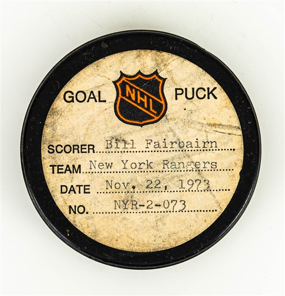 Bill Fairbairns New York Rangers November 22nd 1973 Goal Puck from the NHL Goal Puck Program (Barry Meisel Collection)