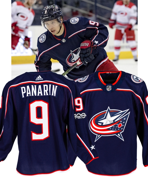 Artemi Panarins 2017-18 Columbus Blue Jackets Game-Worn Jersey with LOA - NHL Centennial Patch! - Photo-Matched!