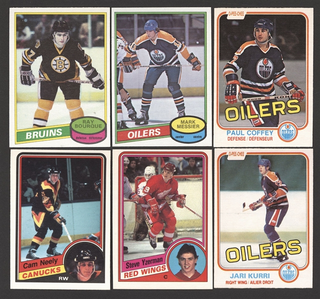 1980-81 to 1984-85 O-Pee-Chee Hockey Cards (12) Including Wayne Gretzky Cards (3) and Messier, Bourque, Coffey, Kurri, Yzerman, Gilmour, Neely and LaFontaine Rookie Cards   