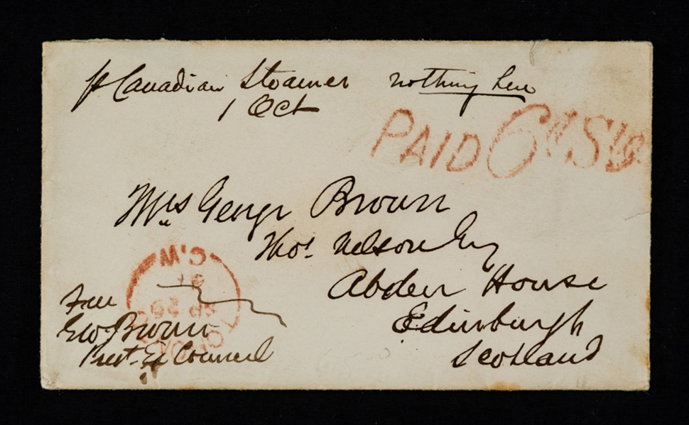 Antique 1864 George Brown Post Free Frank Signed Envelope Addressed to "Mrs. George Brown" 