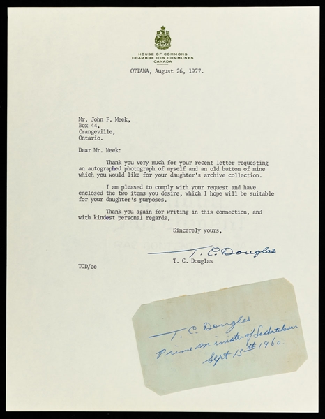 Tommy Douglas Signed 1977 Letter on House of Commons Letterhead Plus 1960 Signed Cut with LOA 