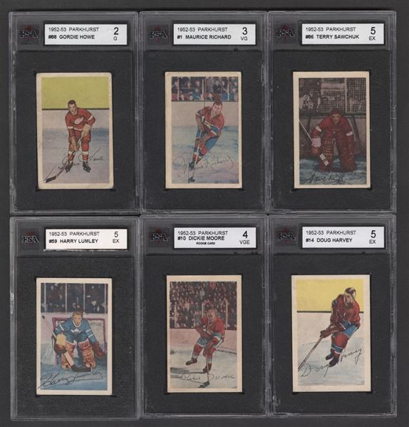 1952-53 Parkhurst Hockey Complete 105-Card Set Including Graded Cards (19) Including HOFers #1 Richard (KSA 3), #10 Moore RC (KSA 4), #14 Harvey (KSA 5), #86 Sawchuk (KSA 5) and #88 Howe (KSA 2)