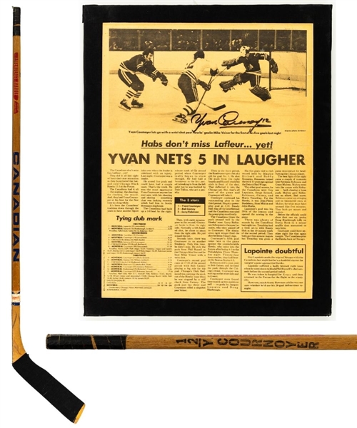 Yvan Cournoyers February 15, 1975 Montreal Canadiens Signed Canadian 5-Goal Game-Used Stick Plus Signed Display (Barry Meisel Collection)