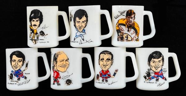 1971 Pelkowski Sporticature NHL Mugs (6) Including Bobby Hull and Mahovlich Bros Plus Additional Bobby Orr Mug