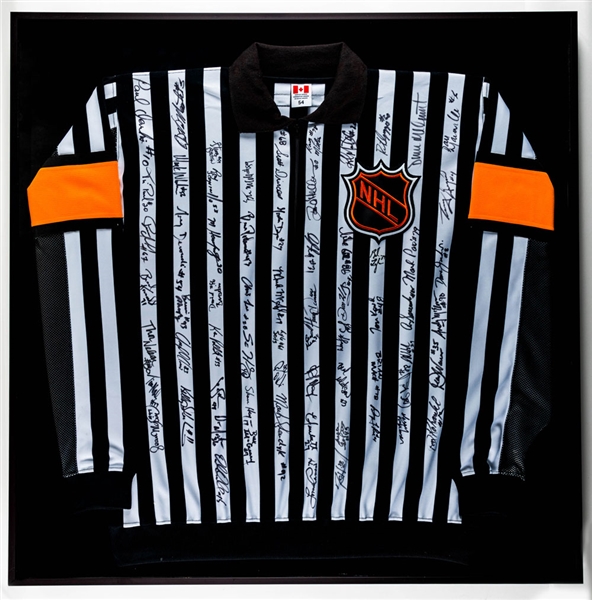 NHL Referee’s Framed Jersey Signed by 65 Past Officials including HOFer Ray Scapinello (36” x 36”)