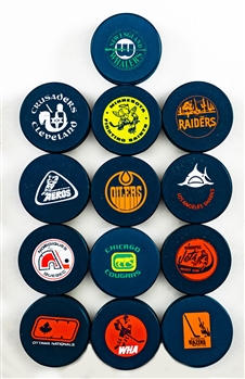 WHA 1972-73 Blue Biltrite Official Game Puck Complete Set of 13