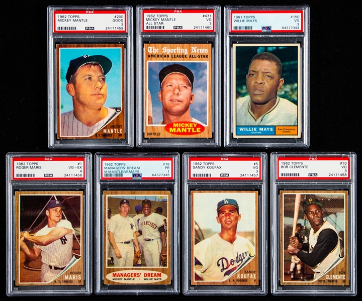 1958 to 1962 Topps Baseball Card Collection (13) Including 1962 Topps #200 Mickey Mantle (PSA 2), 1962 Topps #471 Mickey Mantle All-Star (PSA 3) and 1961 Topps #150 Willie Mays (PSA 3)