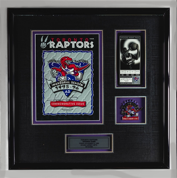 1995 Toronto Raptors Opening Night Ticket & Program Framed Display with Isaiah Thomas Signature plus Inaugural Season Pin Set (19 ½” x 19 ½”)  