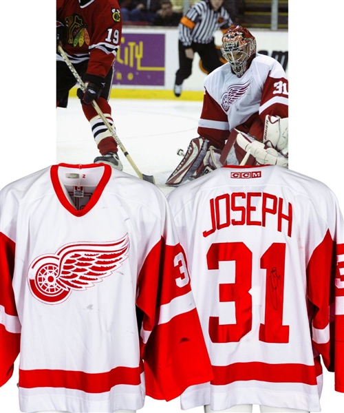 Curtis Josephs 2002-03 Detroit Red Wings Signed Game-Worn Jersey with Team COA - Team Repairs! - Photo-Matched!