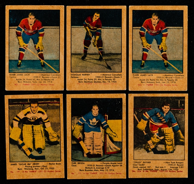 1951-52 Parkhurst Hockey Cards (39) Including #1 HOFer Elmer Lach (2), #10 HOFer Doug Harvey Rookie, #19 Jim Henry Rookie, #75 HOFer Turk Broda and #104 HOFer Chuck Rayner Rookie (2)