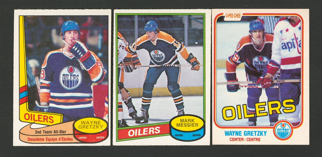 1980-81 O-Pee-Chee Hockey Card #289 HOFer Mark Messier Rookie & #87 HOFer Wayne Gretzky Plus 1981-82 O-Pee-Chee Hockey Card #106 HOFer Wayne Gretzky