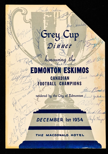 1954 Grey Cup Champions Edmonton Eskimos Team-Signed Grey Cup Dinner Menu including HOFers Parker, Kwong, Miles, Morris and Bright – LOA 