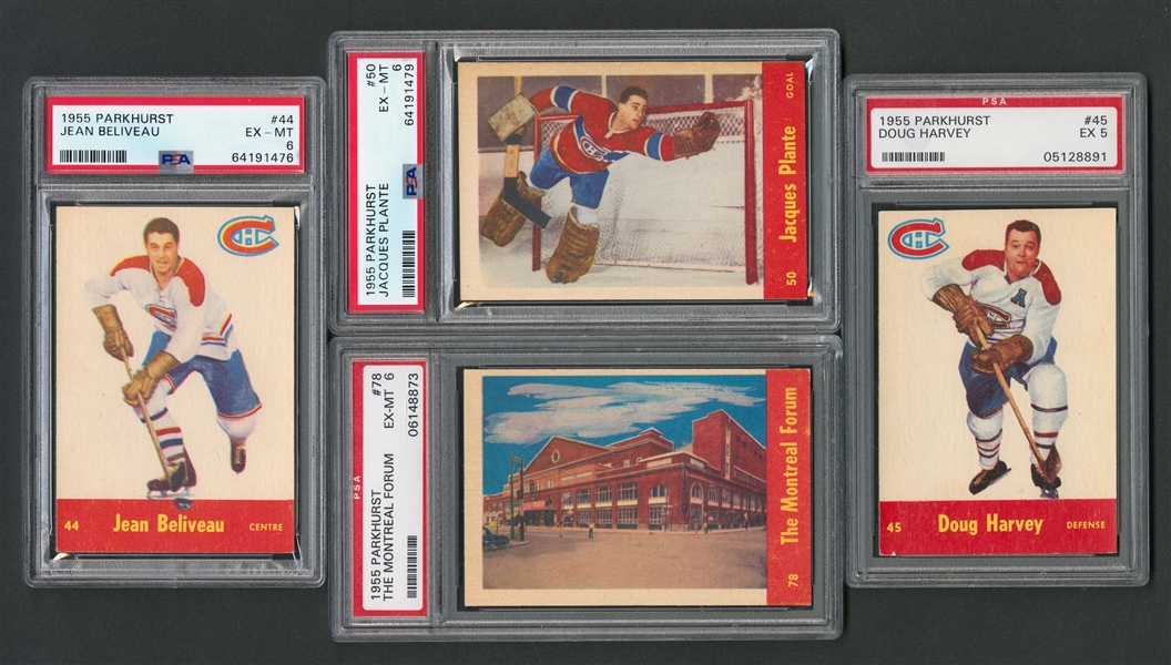 1955-56 Parkhurst Hockey Complete 79-Card Set with 16 Graded Cards Including #50 Jacques Plante Rookie Card (Graded PSA 6)
