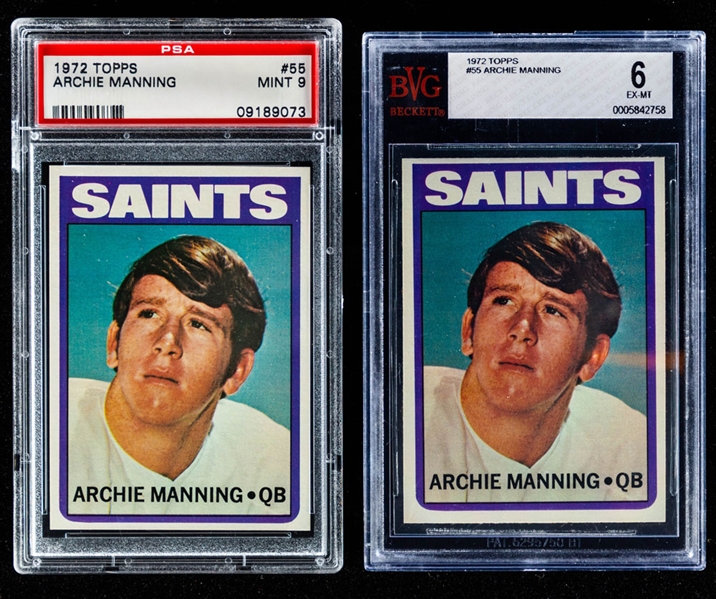1972 Topps Football Card #55 Archie Manning Rookie Lot of 2 (PSA 9 and BVG 6) 