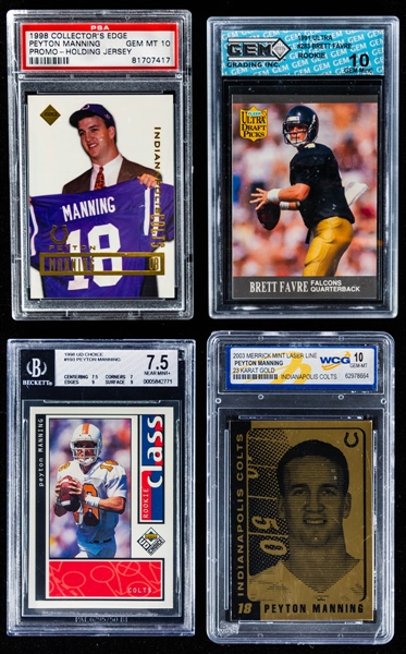 1991 Ultra Football Card #283 Brett Favre Rookie (Graded GEM 10) Plus Peyton Manning Graded Cards (3) Including 1998 Collector’s Edge Promo (Holding Jersey) Graded PSA 10 