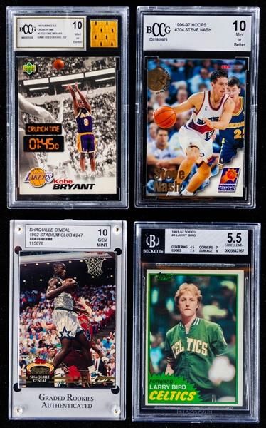 1981-82 Topps #4 Larry Bird (Beckett 5.5), 1992-93 Stadium Club #247 Shaquille O’Neal Rookie (GRA 10), 1996-97 NBA Hoops #304 Steve Nash Rookie (BCCG 10), 1997 UD/Nestle #CT22 Kobe Bryant (BCCG 10)