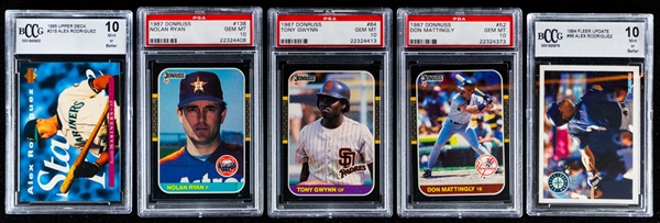 1987 Donruss Baseball Cards #138 Nolan Ryan, #64 Tony Gwynn and #52 Don Mattingly (All Graded PSA 10) Plus 1994 Fleer Update #86 Alex Rodriguez Rookie (BCCG 10) and 1995 UD #215 A. Rodriguez (BCCG 10)