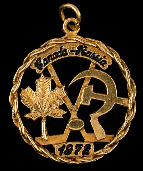 Scarce 1972 Canada-Russia Series Game 1 Montreal Forum Concession 10K Gold Pendant Plus Early-1970s Toronto Maple Leafs and CFL Media Passes (8)