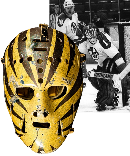 Bob Whiddens Early-to-Mid-1970s WHA Cleveland Crusaders Game-Worn Fiberglass Goalie Mask - Photo-Matched!