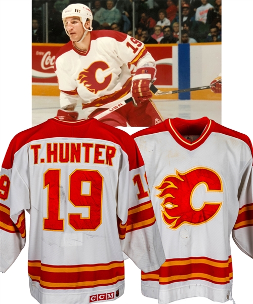 Tim Hunters 1990-91 Calgary Flames Game-Worn Jersey with Team LOA - Nice Game Wear! - Added Customized Second Fight Strap!