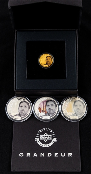 2016-17 Upper Deck Grandeur Henrik Lundqvist 4-Coin Set Including 24K Gold Coin (#/100), Frosted Silver Coin (#/500), High Relief Silver Coin (#/1,000) and Silver Coin (#/5,000)
