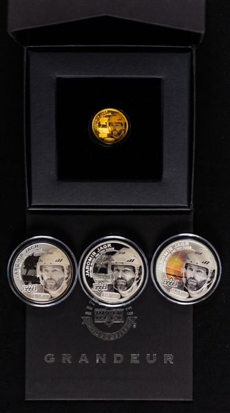 2016-17 Upper Deck Grandeur Jaromir Jagr 4-Coin Set Including 24K Gold Coin (#/100), Frosted Silver Coin (#/500), High Relief Silver Coin (#/1,000) and Silver Coin (#/5,000)