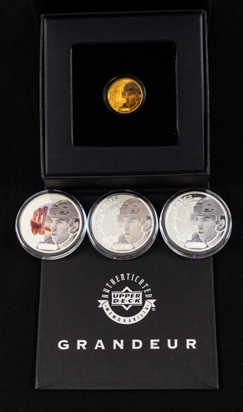 2016-17 Upper Deck Grandeur John Tavares 4-Coin Set Including 24K Gold Coin (#/100), Frosted Silver Coin (#/500), High Relief Silver Coin (#/1,000) and Silver Coin (#/5,000)