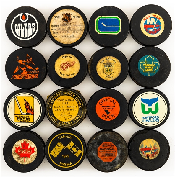 Vintage NHL and Other Leagues Game Puck / Souvenir Puck Collection of 55+ Including 1972-73 Marshall Johnston Goal Puck from the Goal Puck Program