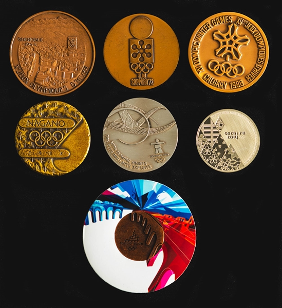 Winter Olympics 1968 to 2014 Participation Medals (7) Plus Salt Lake City 2002 Walnut Box for Silver Medal