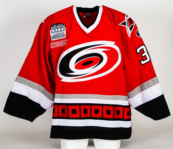 Eric Fichaud’s 1999-2000 Carolina Hurricanes Game-Worn Jersey - Raleigh Arena Inaugural Season and Chiasson Memorial "3" Patches!