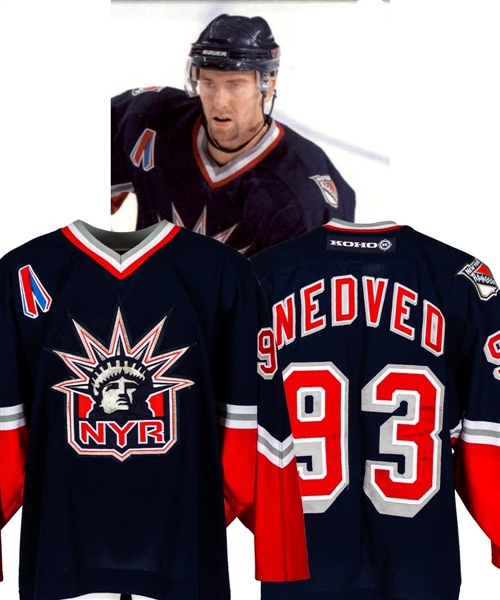 Petr Nedveds 2001-02 New York Rangers Game-Worn “Lady Liberty” Third Jersey with Team LOA - 9/11 Patch! - Team Repairs!