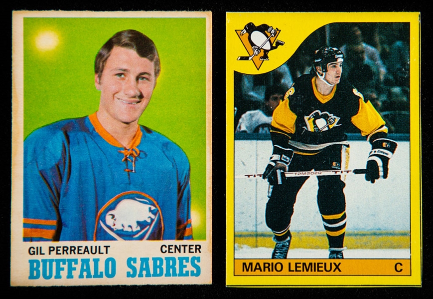 1985-86 Topps Box Bottom Hand-Cut Hockey Card #I HOFer Mario Lemieux Rookie Plus 1970-71 O-Pee-Chee #131 Gilbert Perreault Rookie