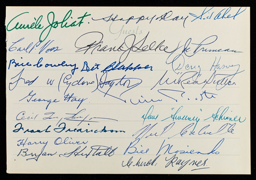 Vintage Guestbook Page Signed by 21 HOFers including Taylor, Fredrickson, Thompson, Joliat and Harvey Plus Additional Multi-Signed Pages (2) with Elmer, Watson and Jeff Malone - LOA