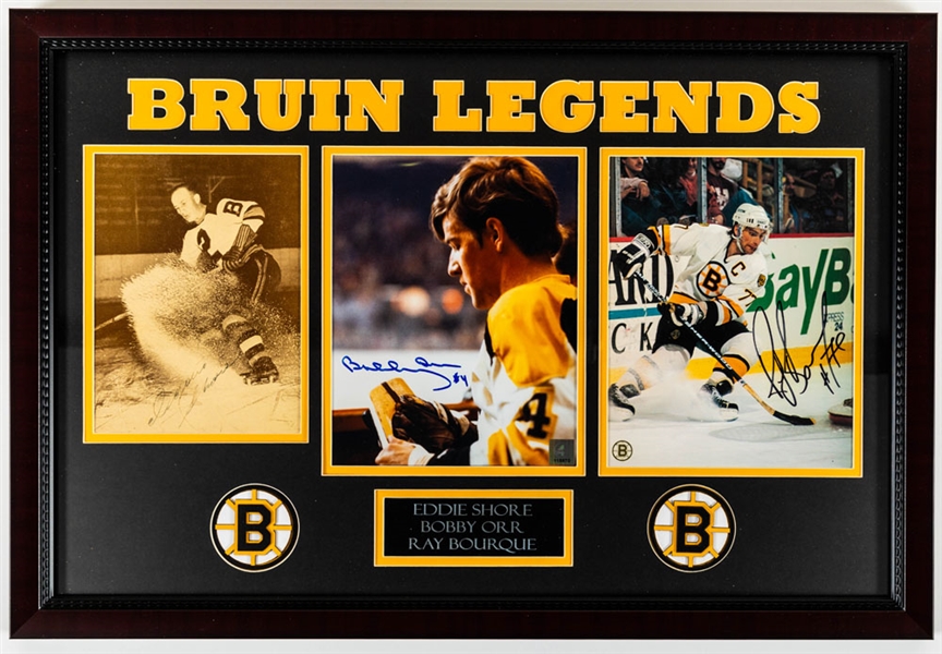 Boston Bruins Iconic Defensemen Eddie Shore, Bobby Orr and Ray Bourque Signed "Bruin Legends" Photo Display with JSA LOA (19" x 28")