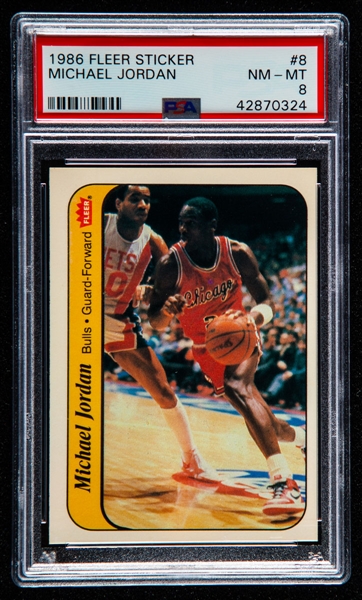 1986-87 Fleer Basketball Sticker #8 Michael Jordan Rookie - Graded PSA 8