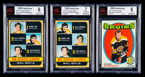 1972-73 Topps Hockey Vault File Copy Hockey Cards #62 NHL Assists Leaders (Orr/Esposito/Ratelle) and #63 NHL Scoring Leaders (Esposito/Orr/Ratelle) Plus 1971-72 #129 Wayne Cashman - All BVG Graded