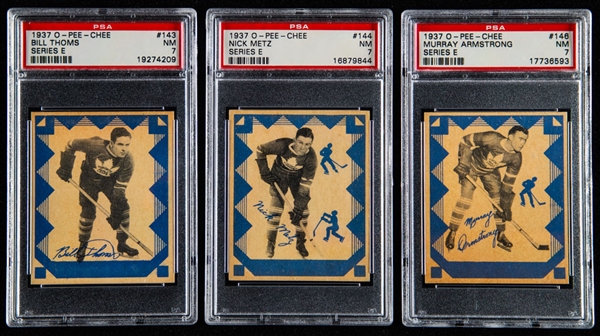 1937-38 O-Pee-Chee Series "E" (V304E) Hockey Cards #143 Bill Thoms (PSA 7), #144 Nick Metz (PSA 7) and #146 Murray Armstrong (PSA 7)