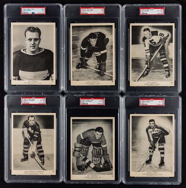 1939-40 O-Pee-Chee V-301-1 Hockey PSA-Graded Starter Set (39/100) Including HOFers #14 Schriner, #17 Smith, #34 Coulter, #36 Patrick, #57 Barry, #75 Thompson, #86 Hextall, #92 Weiland and #95 Clapper