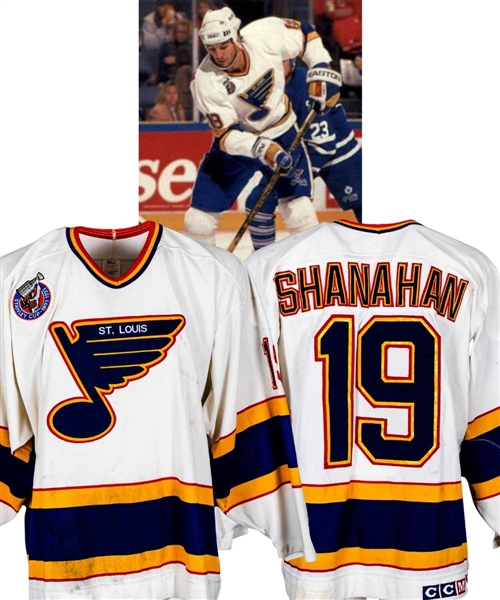 Brendan Shanahans 1992-93 St. Louis Blues Game-Worn Jersey with LOA - Great Game Wear! - Centennial Patch! - 51-Goal Season!