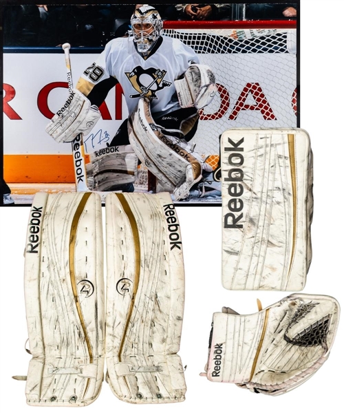 Marc-Andre Fleury’s 2012-13 Pittsburgh Penguins Reebok Premier Game-Used Blocker, Glove and Pads Plus Signed Oversized Photo (27” x 40”) – Photo-Matched!
