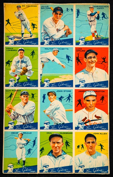 1934 V354 World Wide Gum (Canadian Goudey) Baseball Uncut Sheet of 12 Cards Including 3 Hall of Famers