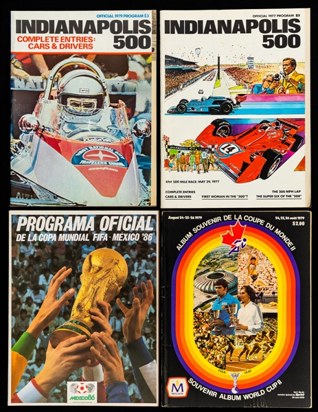 Vintage Sports Program, Ticket Stub and Press Pin Collection including 1986 World Cup, 1978 Ali vs Spinks w/Full Ticket and 1977 & 1979 Indianapolis 500 – Allen Abel Collection