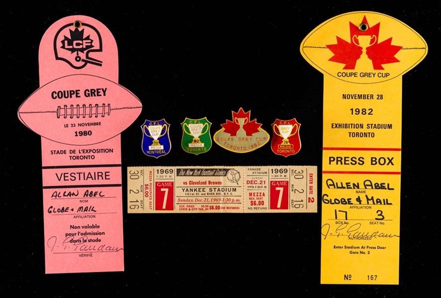 Vintage Football Program Collection of 13 with 1978, 1979, 1980 and 1982 Grey Cup Programs, Press Pins and Passes - Allen Abel Collection 