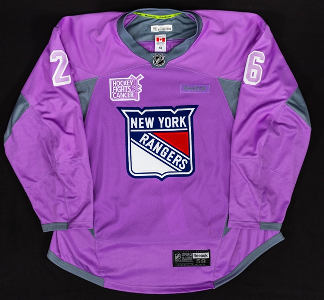 Jimmy Veseys 2016-17 New York Rangers Signed "Hockey Fights Cancer" Warm-Up Worn Jersey with Team COA