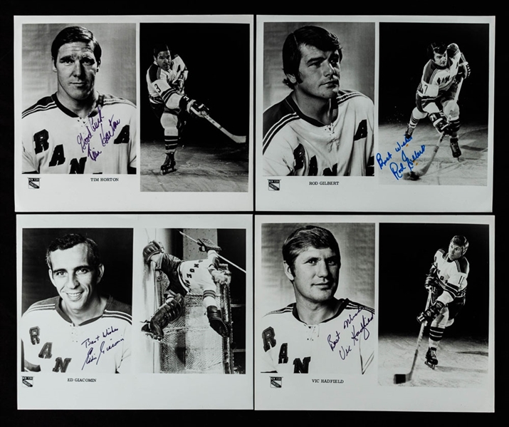 New York Rangers 1970-71 Signed Media Photos (23) Including Deceased HOFers Tim Horton, Emile Francis and Rod Gilbert and HOFers Ratelle, Park, Sather and Giacomin