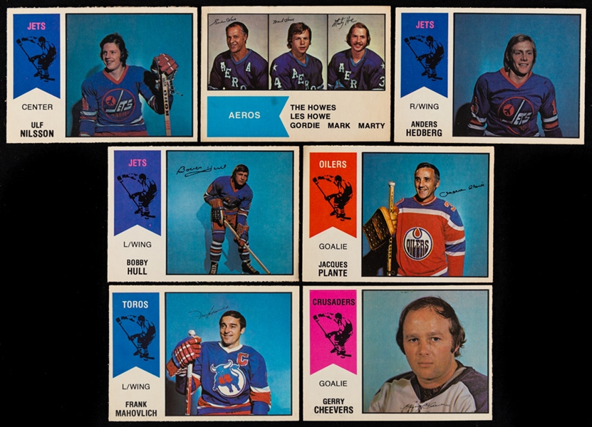 1974-75, 1976-77 and 1977-78 O-Pee-Chee WHA Hockey Complete Card Sets (3) Plus 1973-74 OPC WHA Poster Set (20) and 1971-72 Topps Booklet Set (24)