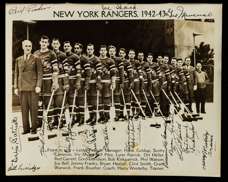 New York Rangers 1942-43 Team-Signed Photo Including Deceased HOFers Lester & Lynn Patrick, Bryan Hextall, Frank Boucher, Clint Smith & Frank Boucher Plus Vintage NY Rangers Photos (7)