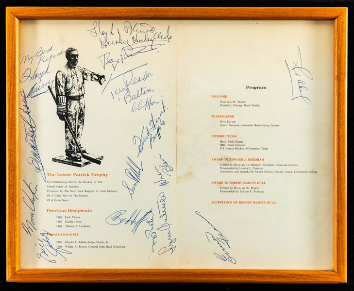 Lester Patrick Award 1969 Dinner Program Signed by 35+ with JSA LOA Including Deceased HOFers Eddie Shore, Gordie Howe, Toe Blake, Sid Abel, Lynn Patrick and Others (13 1/2" x 16 1/2")