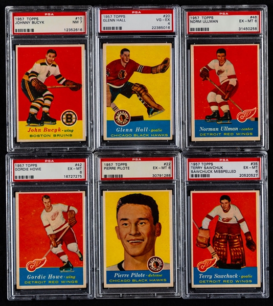 1957-58 Topps Hockey Complete PSA-Graded 66-Card Set Incl. Rookies of HOFers #10 Bucyk (PSA 7), #20 Hall (PSA 4), #22 Pilote (PSA 6) & #46 Ullman (PSA 6) Plus #35 Sawchuk (PSA 6) & #42 Howe (PSA 6)